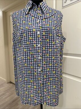 Vintage Sleeveless Navy Gingham Button-Down Shirt with Floral Print